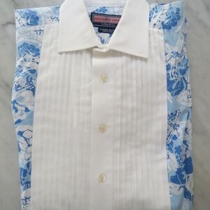 Vineyard Vines Mens Blue Tiki Hawaiian Floral Tuxedo Shirt White Cuffs & Bib Med